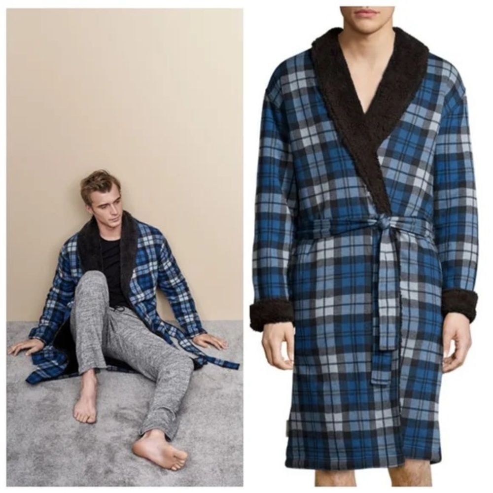 UGG Australia Kalib Blue Plaid Sherpa Lined Robe Men’s Size L
